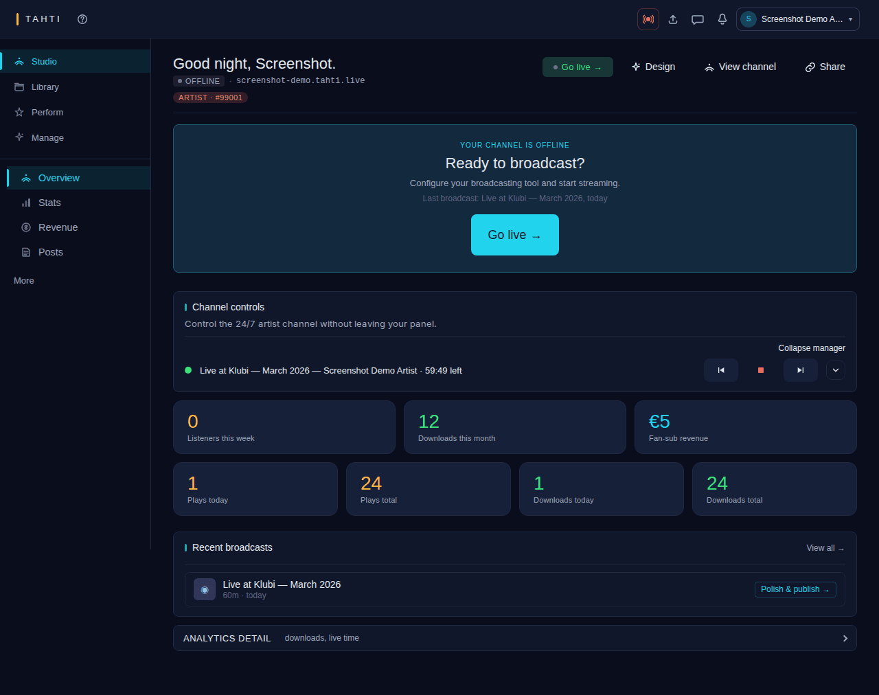 Artist dashboard — broadcast, library, releases, stats